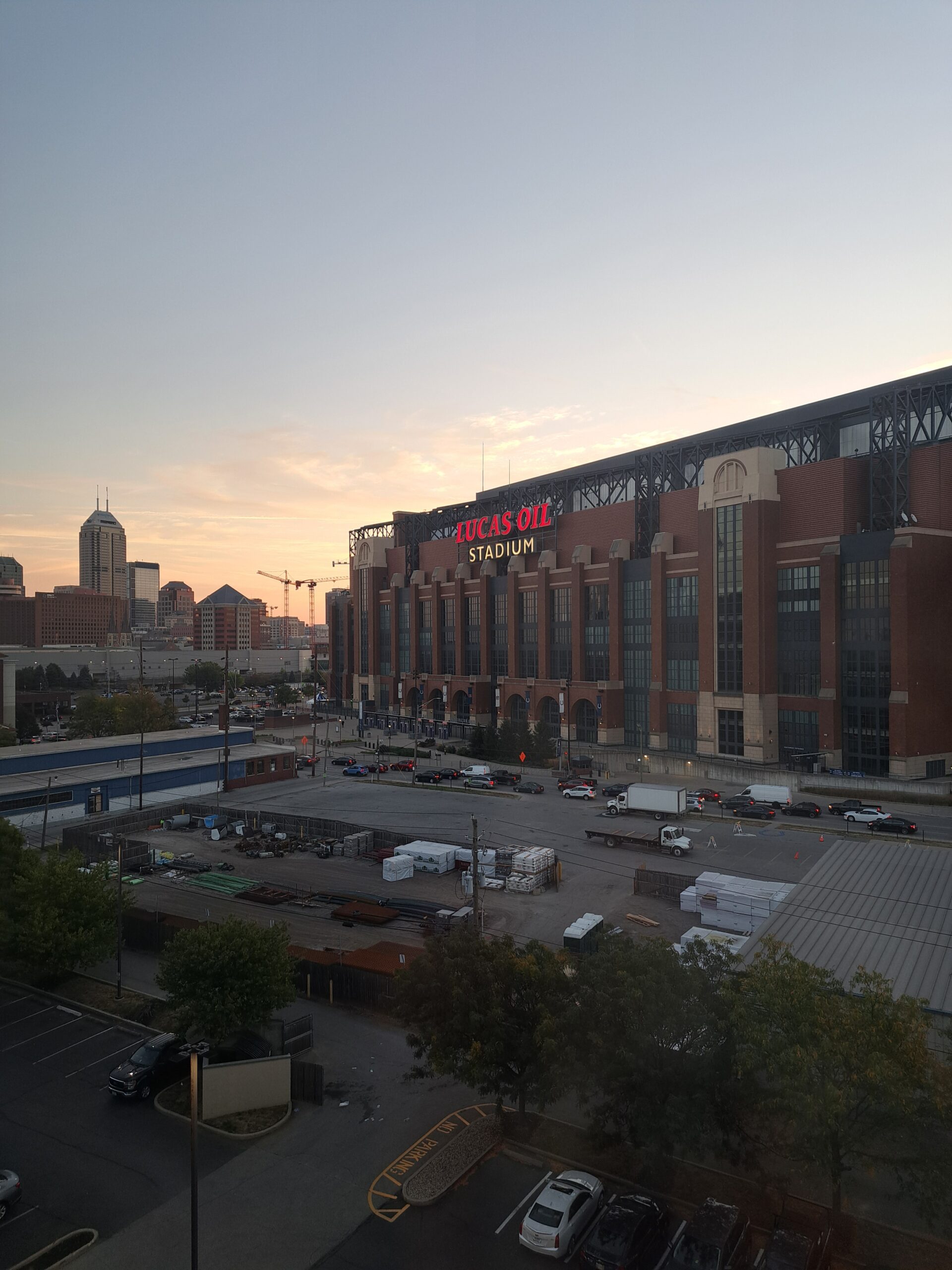 The Lucas Oil Stadium at dusk in downtown Indianapolis, Indiana, United States.