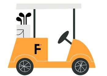 Drawing of an orange golf cart, with golf clubs in the back, and the Firefly Insights logo on the side