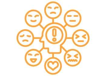 Outline of a head with an exclamation mark through it at the centre of a web with eight faces portraying different emotions
