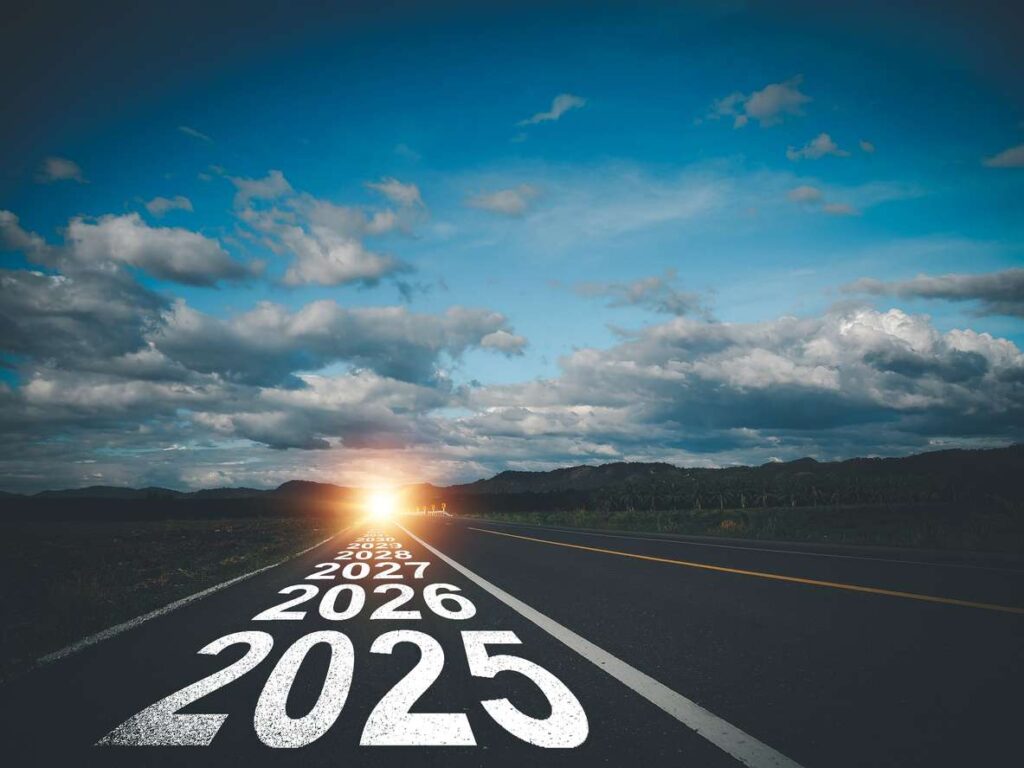Road into the sunset with the years 2025