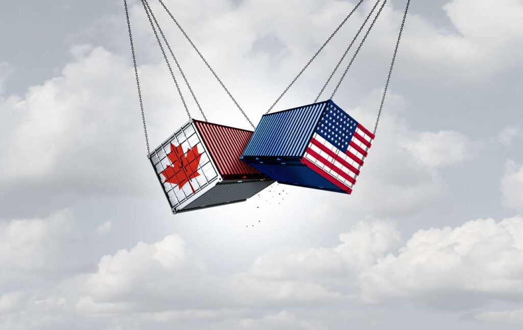Shipping containers branded as United States and Canada colliding mid air
